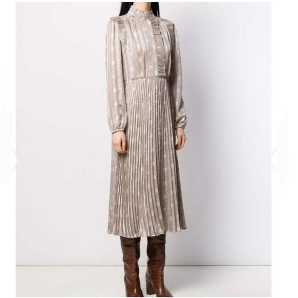 Ba&sh Paris  Pleated Long Sleeve Midi Dress Size S Tan‎ Metallic Cream Floral - Picture 1 of 15